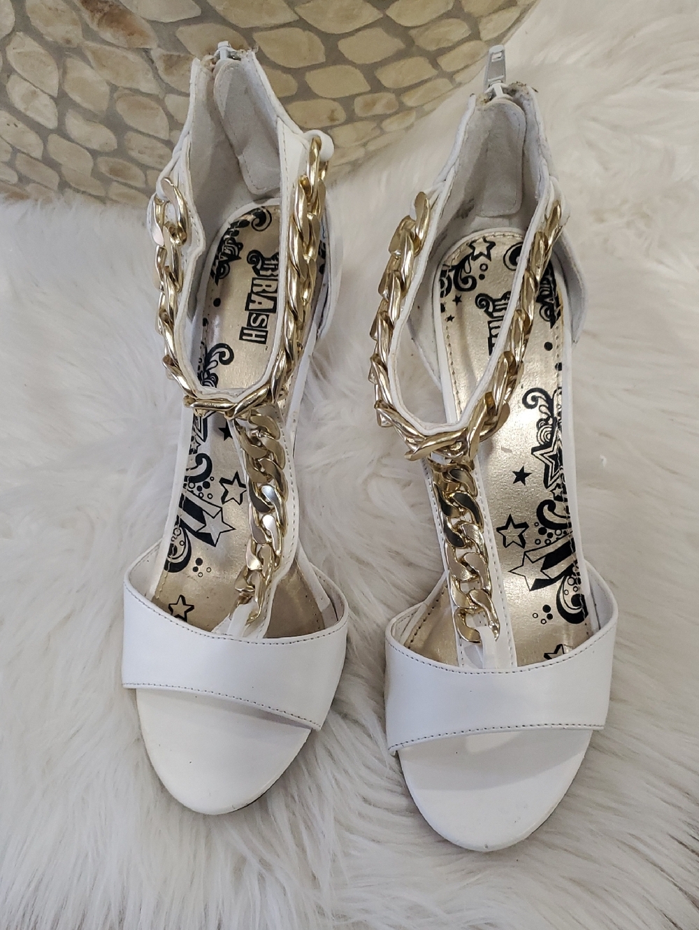 Brash White Heels with Gold Chain Accent